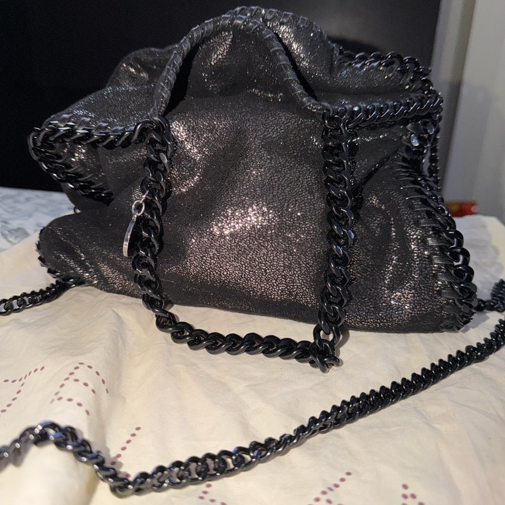 Stella McCartney Black Falabella Shaggy Deer Shoulder Bag with Chain Trim